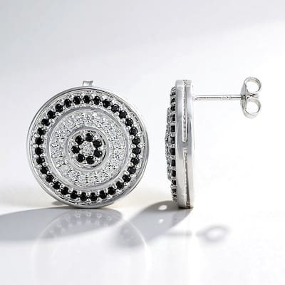 Cavill - Zilveren Oorbellen - 925 Sterling Zilver - Zwarte Spinel 1,29 ct & Zirkon Pavé 2,08 ct - Elegant Rond Briljant Design