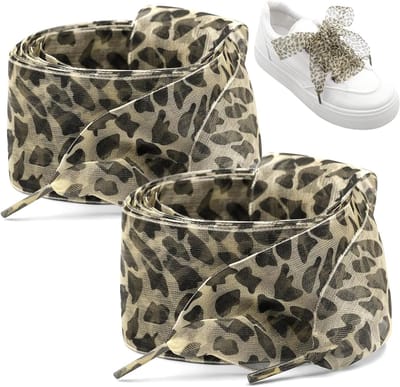 Set van 2 modieuze veters met breed luipaardpatroon, zachte satijnen band van 4 cm, vervangingsveters voor sportschoenen en casual schoenen, 120 cm en 140 cm lang