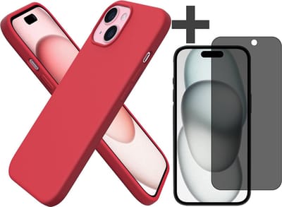 Hoesje met Privacy Screenprotector Geschikt voor iPhone 15 Hoesje Siliconen - liquid case - Arara Backcover - Rood