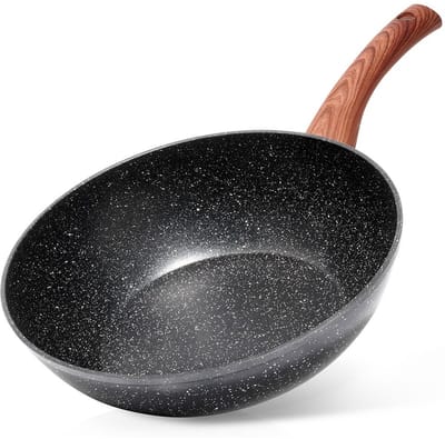 Wokpan Graniet BLACK&WOOD 28 cm - Koekenpan - Diepe Braadpan - Aziatische Kookpan
