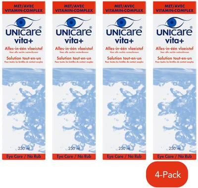Unicare Vita+ - Alles-in-één Lenzenvloeistof - 4 x 250 ml - Voor zachte contactlenzen - Unieke formule met Provitamin B5 - Inclusief lenshouder