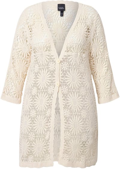 Ulla Popken - Dames - Vest bloemen golvende randen V-hals lange mouwen - Vanille - Maat 50+