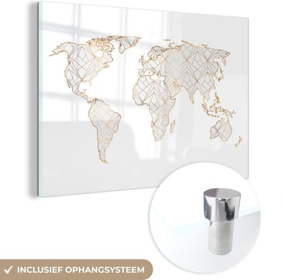 ® Glasschilderij 180x120 cm - Schilderij acrylglas - Wereldkaart - Goud - Grijs - Kinderen - Jongens - Meisjes - Foto op glas - Muurdecoratie woonkamer - Wanddecoratie slaapkamer - Schilderijen