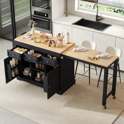 PHOEBE CAT Dressoir - Keukeneiland - Uitschuifbare eettafel - Met wieltjes - Houtlook - 3 lades - Zwart + Naturel