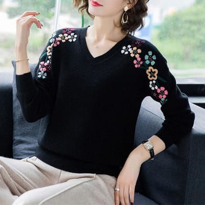 Bloemen Trui Dames Pullover Losse Tops Femme Koreaanse Mode Kort Geborduurd Breigoed Basis Trui Jumper Herfst Winter S zwart