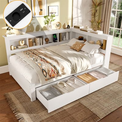 YEHTOKHOME Slaapbank 140 x 200 cm - Tweepersoonsbed met opbergruimte - twee lades - stopcontacten en 2 USB-poorten - meerdere opbergvakken - wit (zonder matras)