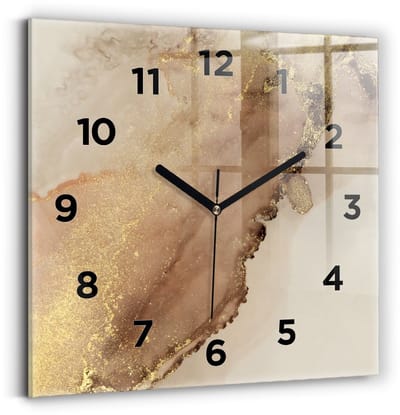 Wallfluent Wandklok - Beige moderne kunst Klok met Print - 30 cm x 30 cm - Bruin Wandklok - Zwarte Handen - Wandklok Met Cijfers - Wandklok voor in de Keuken - Vierkante Glas Klok - Scandinavisch Wandklok - Klok met Print