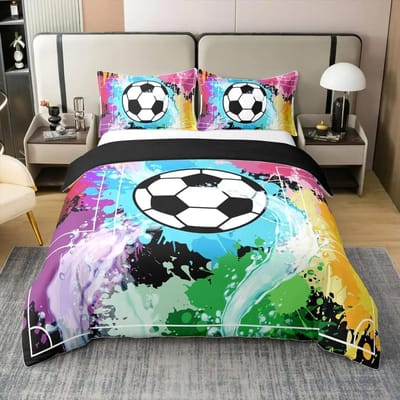 Kleurrijke Voetbal Eenpersoons Dekbedovertrek Set, Sport Thema cartoon Voetbal Beddengoed Set met Kussenslopen 75*50cm, Cadeau voor Jongens Meisjes 70x133cm-2pcs
