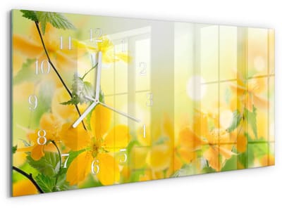 Tulup Wandklok - Bloemen Wandklok Glas Met Motief - 60x30 cm - Geel Decoratieve Glazen Klok - Witte Handen - Rechthoekige Wandklok - Decoratieve Glazen Klok - Glazen Wandklok Design