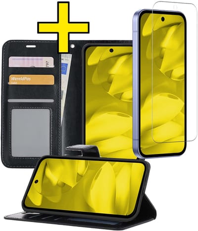 Hoesje - Met Screenprotector - Geschikt voor Google Pixel 9a - Luxe Pasjeshouder - Bookcase Portemonee - Flip Case - Kunstleer Book Case - Flipcase - Book Cover - Walletcase - Portemonneehoes - Telefoonhoesjes - Zwart
