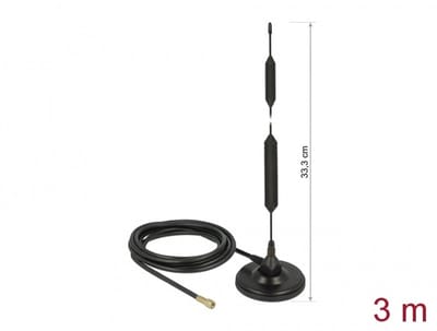 Delock GSM Antenna quadband SMA plug 5 dBi fixed omnidirectional with magnetic base and connection cable RG-58 3 m outdoor black