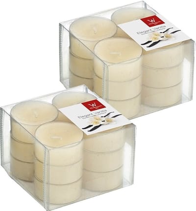 Trend Candles geurtheelichtjes/waxinelichtjes - 24x - vanille geur - 4 branduren -transparante cup