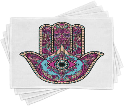 ABAKUHAUS Hamsa placematten – Gekritzel-Zentangle-kunst – bohemische vintage bloemenwervel – Het Alziende Oog, tafeldecoratie van kleurvaste stof voor de eetkamer en de keuken, Magenta, Perzik, Aqua