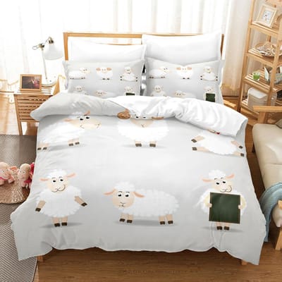Dieren Dekbedovertrek Set Cartoon Wit Schaap Thema Patroon Kawaii King Queen Twin Full Size Voor Kinderen Tieners Polyester Beddengoed Set 220*240cm 3pcs