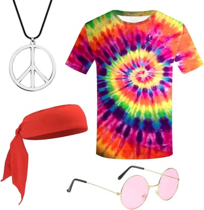 Hippie Kostuum voor Mannen met T-Shirt, Bril en Ketting - 70s en 80s Themafeest Accessoires voor Carnavalsvieringen en Retro Feesten