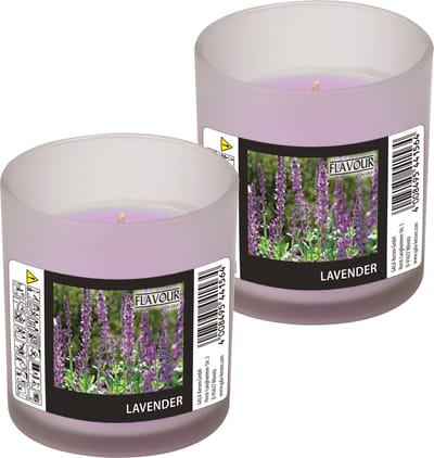 Conpax Candles geurkaars - 2x - lavendel geur - paars - 8 branduren - in glas - aroma kaars
