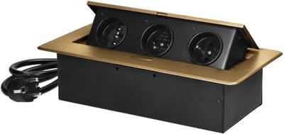 Stekkerdoos met 3 stopcontacten - Pop up stekkerblok met 1.5 meter kabel - Inbouw Verdeelstekker met RVS afwerking - Verdeeldoos 230 Volt - voor max. 3680 Watt - Penaarde - Messing