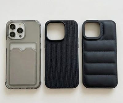Grijs en zwart telefoon hoesje set met kaartvak en structuur design geschikt voor iPhone 16 Pro – backcover cases voor dames en heren met transparant hoesje, geribbelde textuur en gewatteerd uiterlijk