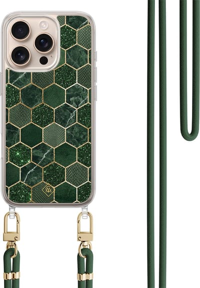Casimoda® hoesje met koord - Geschikt voor iPhone 16 Pro - Kubus Groen - Afneembaar koord - TPU/polycarbonaat - Groen