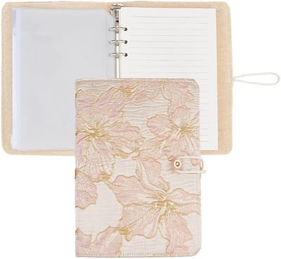 Geborduurd dagboek A5 roze bloem notitieboek 6 ringband doek navulbaar notitieboek met 180 gelinieerd papier en 10 PVC ritszakken voor vrouwen planner binder terug naar school cadeau