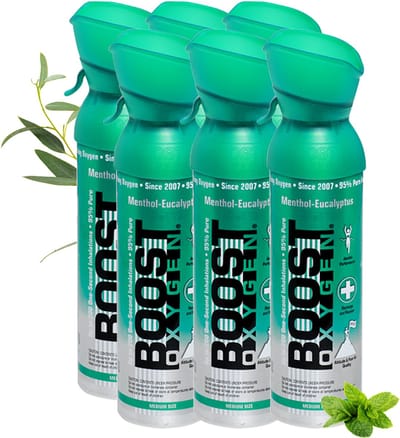 Boost Oxygen - Medium 5L - Menthol-Eucalyptus - 95% Pure Zuurstof - Tot wel 600 inhalaties van 1 sec - Ademhalingsondersteuning voor sport herstel, hoogte, prestaties en gezondheid - Zuurstoffles - 6x 5L (6 pak, 30L totaal)