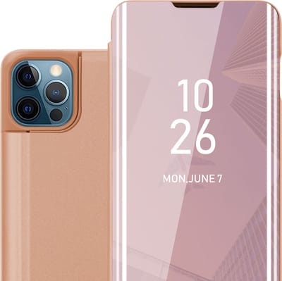 Cadorabo Hoesje geschikt voor Apple iPhone 13 in KUNZIET ROZE - Clear View Spiegel Beschermende Case met Tribunefunctie 360 Graden Bescherming Book Case Cover Etui