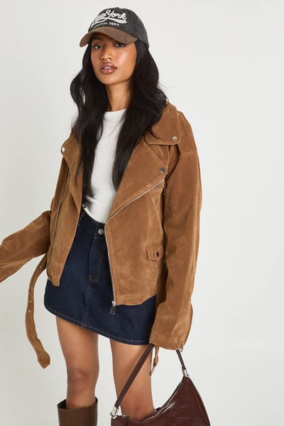 boohoo Dames Vintage Suede-look oversized bikerjas | Tan | Maat: 16