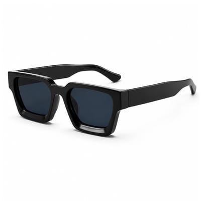 MoodLux Zonnebril Zwart - Unisex - Rechthoekig Montuur met Donkerblauwe Glazen - Retro Festivalbril - UV400 Bescherming