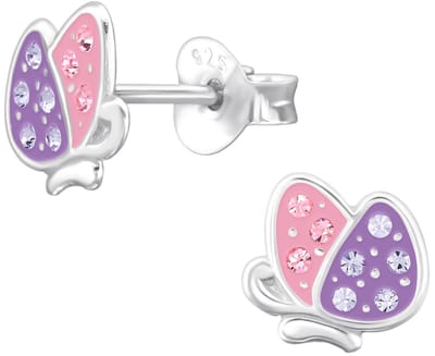 Joy|S - Zilveren vlinder oorbellen - 7.1 x 7.5 mm - paars roze met kristalletjes