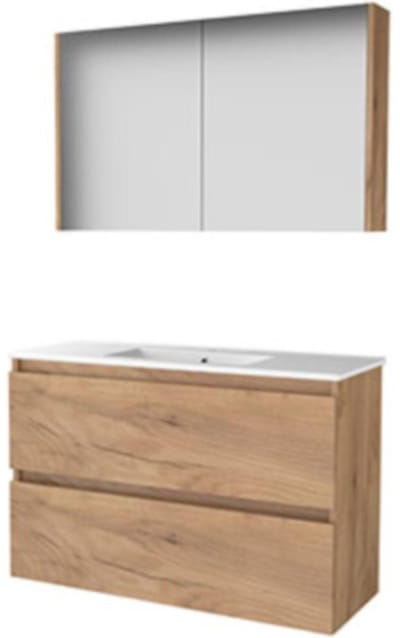 Basic-Line Comfort 39 Badkamermeubelset - Ondiep - 100 x 39 cm - Greeploos - 2 Lades - Keramische Wastafel - 1 Kraangat - Spiegelkast - Whisky Oak
