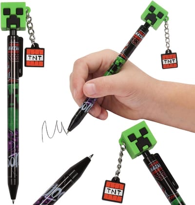 Minecraft Automatische balpen, zwarte inkt, schoolbalpen met topper + hangertje