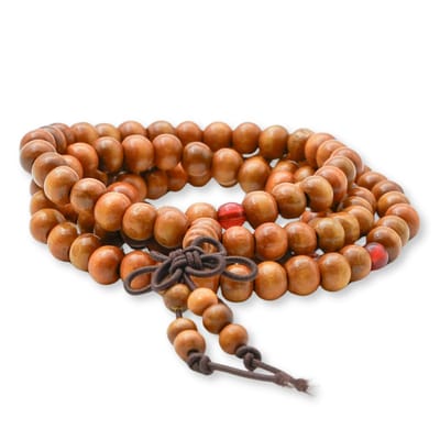 Marama - Mala armband oranje - sandelhout kralen - elastisch - 108 kralen - unisex -geschenkzakje - ook draagbaar als ketting