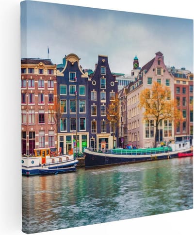 Artaza Canvas Schilderij Amsterdam - 80x80 cm - Wanddecoratie Grachten - Muurdecoratie Herfst - Schilderijen Op Canvas Woonkamer