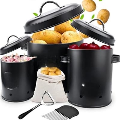 Aardappelopbergdoos, Set van 3 Metalen knoflookpotten uienpot, Aardappelenpot, Uienpot en Knoflookpot, Vintage Design, Stijlvolle Opslag en Lange Houdbaarheid,Met verluchting, Zwart