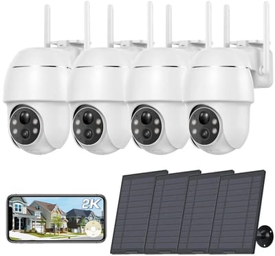 2K zonne-energie bewakingscamera voor buiten, 355°/90° draaibaar, buitencamera, accu, kleuren-nachtzicht, personen-/bewegingsdetectie, draadloze WLAN IP-camera 4pcs