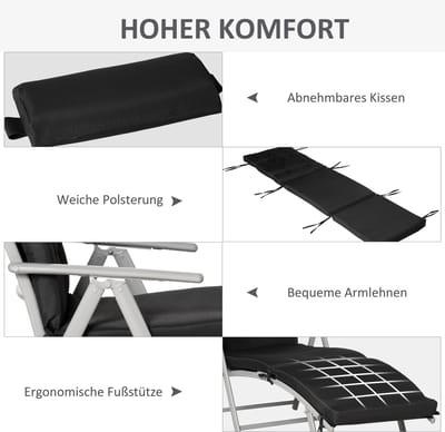 HAUSS SPOLE Ligbed - Opvouwbare Strandligstoel - 7 Standen Verstelbare Rugleuning Met Kussen - Voor Tuin Balkon En Camping - Metaal Zwart