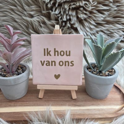 Robuust Wenstegeltje – Ik Hou van Ons – Hip trendy tegeltje – 10x10 cm – Cadeau voor Partner, Valentijn of Jubileum – Stijlvol en Persoonlijk Woonaccessoire - Zomaar - Voor jezelf - Deco – Trendy nu – Decoratief Tegeltje met Standaard – Cadeau Idee