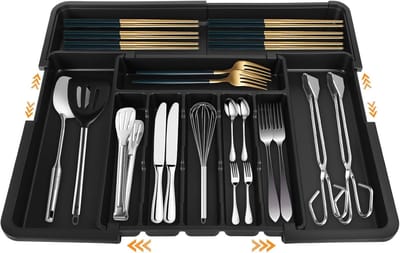 Uitbreidbare Besteklade,Keukenbesteklade Met 9 Vakken, Plastic Bestekbak,Keukenlade-Organizer, Voor Het Opbergen Van Keukenbestek,Zwart