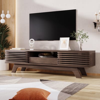 OKWISH Tv Meubel - Met 2 Deuren En 1 Lade - Met Kabeldoorvoer En Open Vakken - 150x35x44 cm - Spaanplaat - Vintage Houtkleur