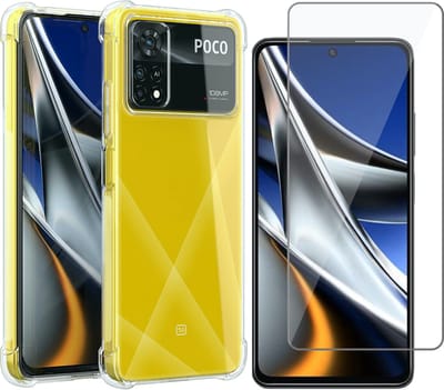 Hoesje geschikt voor Xiaomi Poco X4 Pro - Anti Shock Proof Siliconen Back Cover Case Hoes Transparant - Tempered Glass Screenprotector
