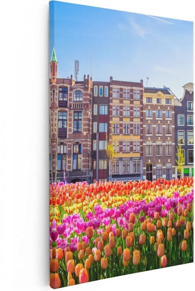 Artaza Canvas Schilderij Amsterdam - 80x120 cm - Groot - Wanddecoratie Tulpen - Muurdecoratie Grachtenpanden - Schilderijen Op Canvas Bloemen