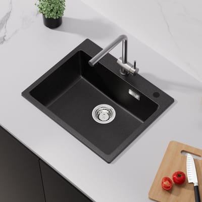 Auralum max Graniet spoelbak 55x45 cm - Enkele Spoelbak Keuken - Onderbouw Spoelbak Zwart - Spoelbak met overloop en Afvoer - Voor 60 cm kast
