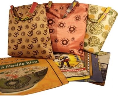 Tas gerecyclede textiel rijstzakken - 50x40 - Katoen - PVC - Meerkleurig