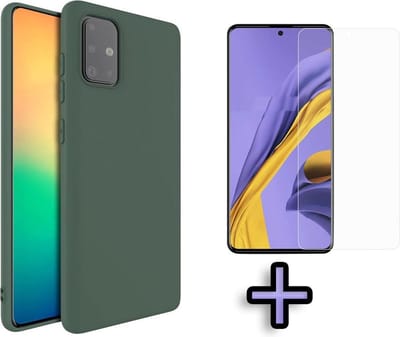 HB Hoesje Geschikt voor Samsung Galaxy A71 - Siliconen Back Cover + Tempered Glazen Screenprotector - Donker Groen