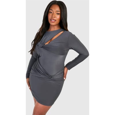 boohoo Dames Plus Knot Detail Long Sleeve Slinky Mini Dress | Houtskool | Maat: 56