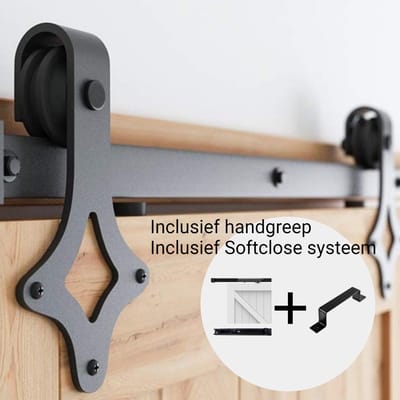 Barnwood Originals Schuifdeursysteem Ruit - Schuifdeurbeslag - Complete set inclusief Softclose en Deurgreep - 200cm rail - Zwart - Staal
