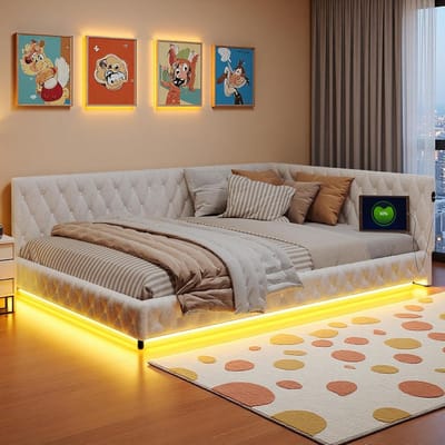 Gestoffeerde Slaapbank - Logeerbed Bank - Multifunctioneel Wonen - Ingebouwde LED en USB - 140x200cm - Beige