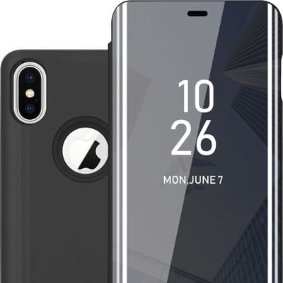 Cadorabo Hoesje geschikt voor Apple iPhone X / XS in TOERMALIJN ZWART - Clear View Spiegel Beschermende Case met Tribunefunctie 360 Graden Bescherming Book Case Cover Etui