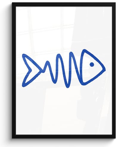 Poster in lijst - Fotolijst 60x80 cm - Posters - Vis - Minimalistisch - Blauw - Lijn - Posterlijst zwart - Decoratie - Wanddecoratie woonkamer - Muurdecoratie slaapkamer