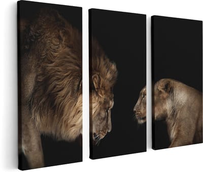 Artaza Canvas Schilderij Drieluik Leeuw En Leeuwin - 120x80 - Foto Op Canvas - Canvas Print